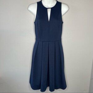 REBECCA TAYLOR Navy Pleated Fit & Flare Keyhole Dress